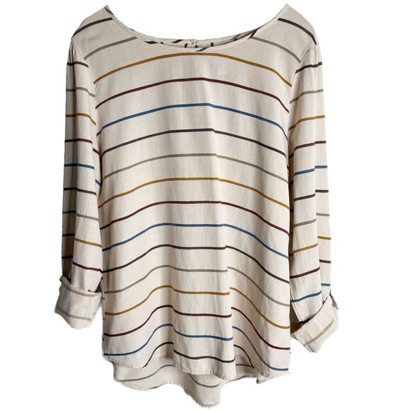 Christopher & Banks Womens Tunic Blouse L Multicolor Stripe Roll Tab Long Sleeve - Picture 1 of 11